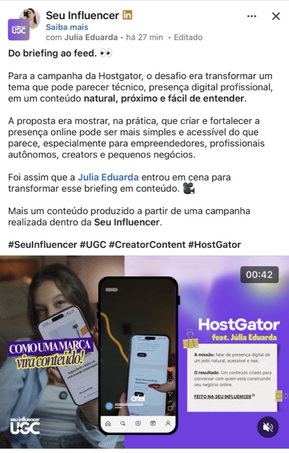Post no LinkedIn sobre o case Hostgator
